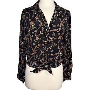 DG2 Diane Gilman Collection Silk Blend Top bee, chains, gold bling button up